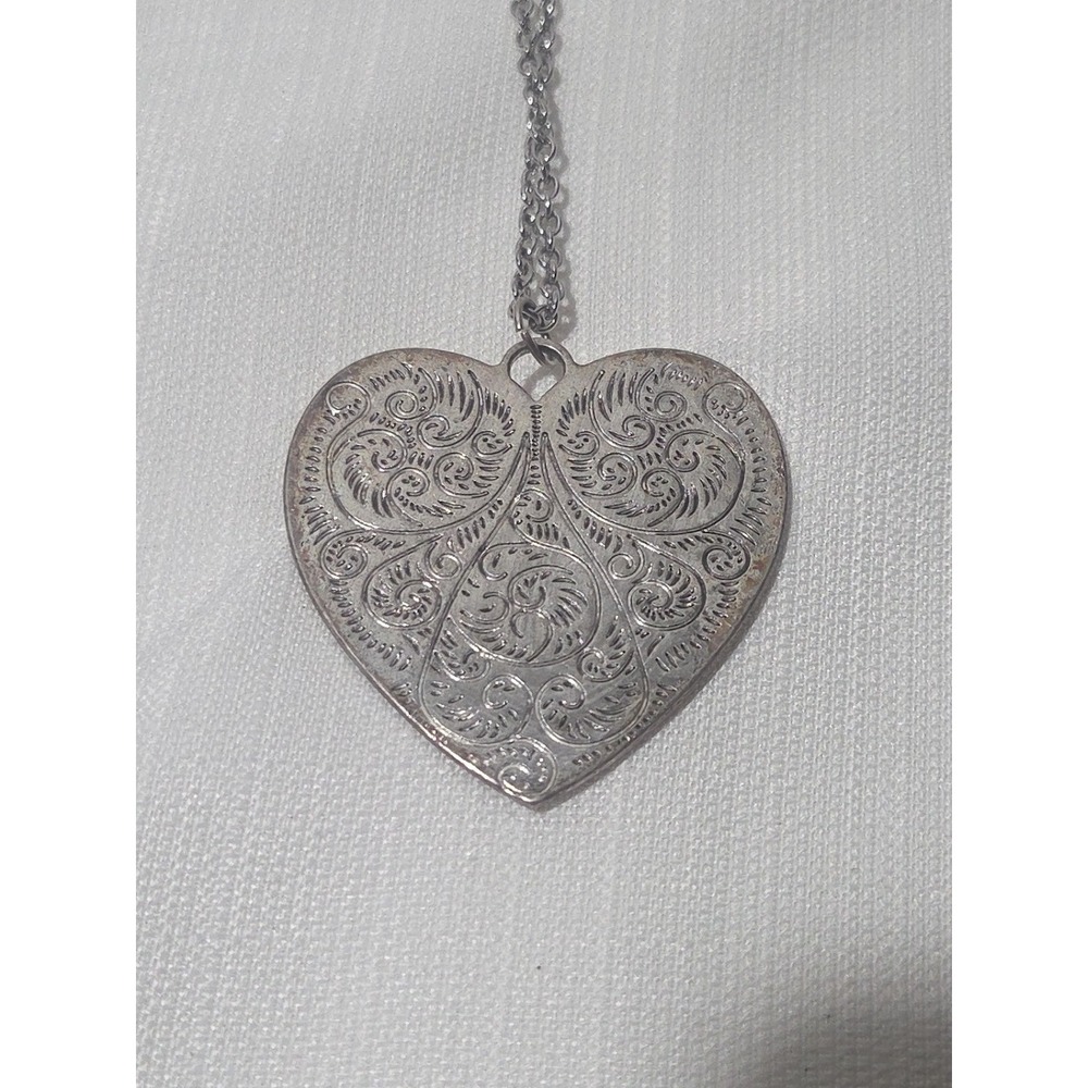 Silver Tone Heart Necklace Western Style Boho Engraved Large - Picture 2 of 6